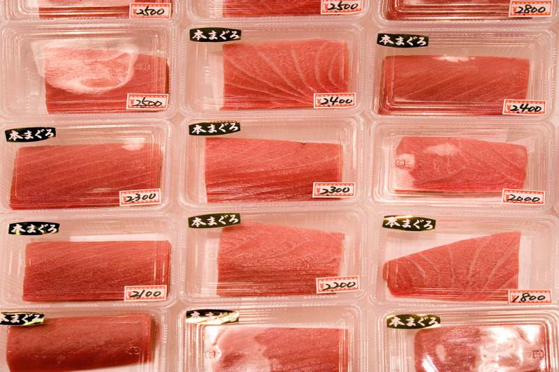 Bluefin tuna sashimi on Japanese shelves